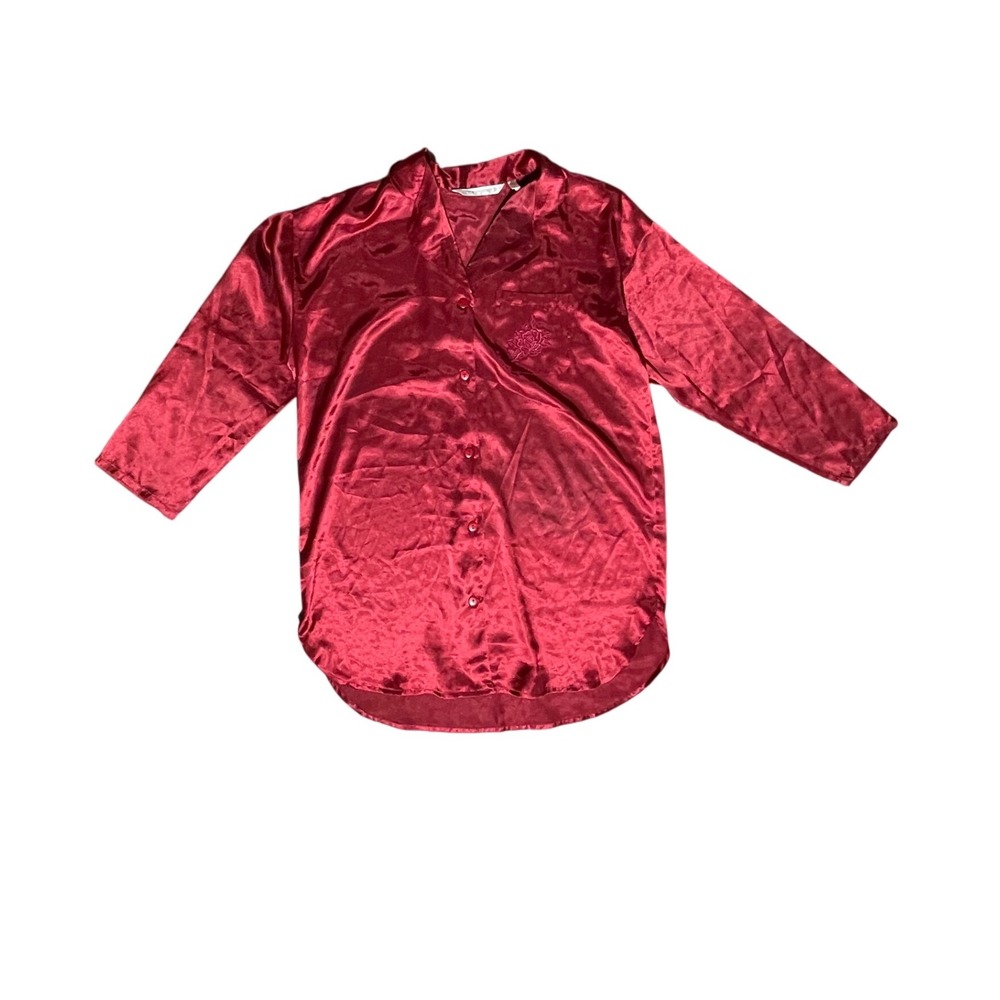 Vintage 90s Victoria's Secret Satin Sleep Shirt Women's M Burgundy Button Up